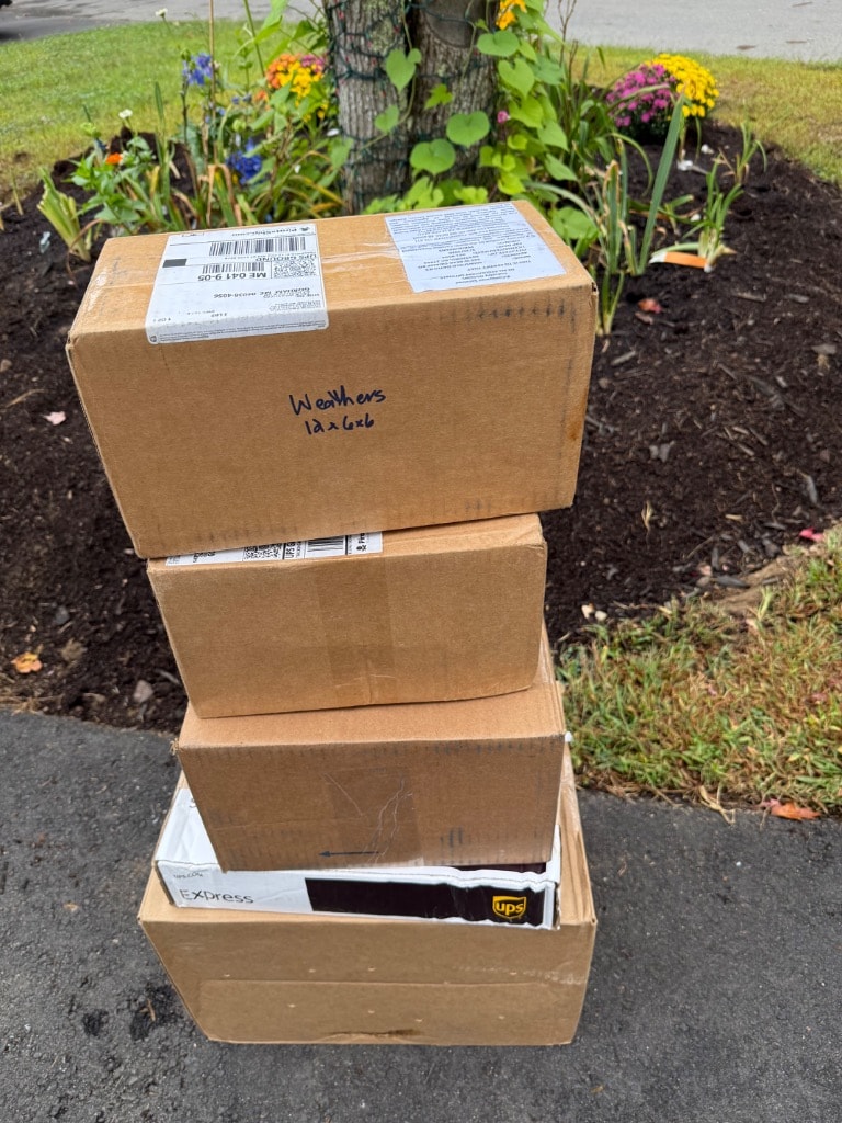 Stacked UPS delivery boxes on the driveway — Spacecoast, Bell's Daylilies, Ladybug by Dan Hansen